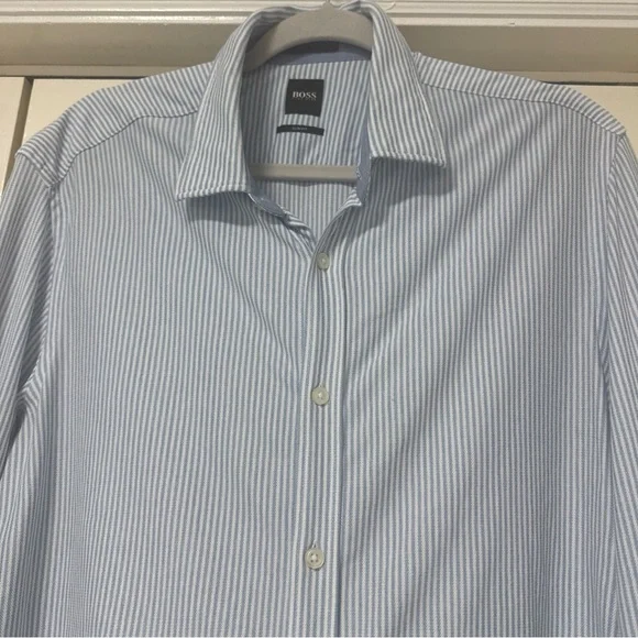 Boss Light Blue Fine-Striped Mens Dress Shirt A49 - Picture 2 of 13